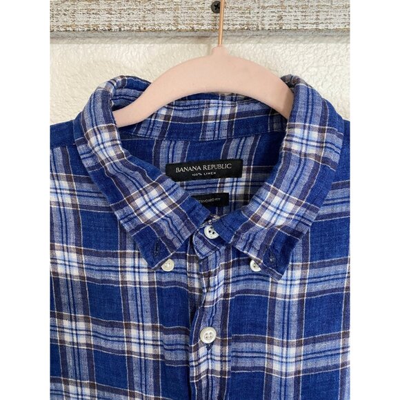 Banana Republic Mens Blue Plaid Shirt 100% linen Size Large - Picture 3 of 8